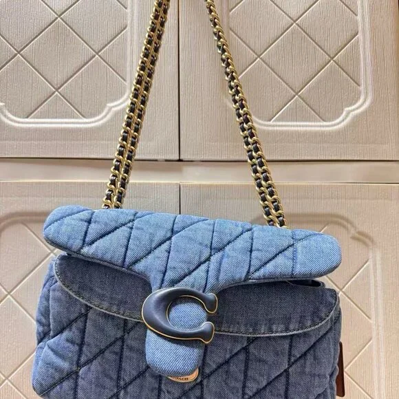 COACH Tabby Quilted Gold Logo Chain Denim Shoulder Bag - Picture 3 of 5